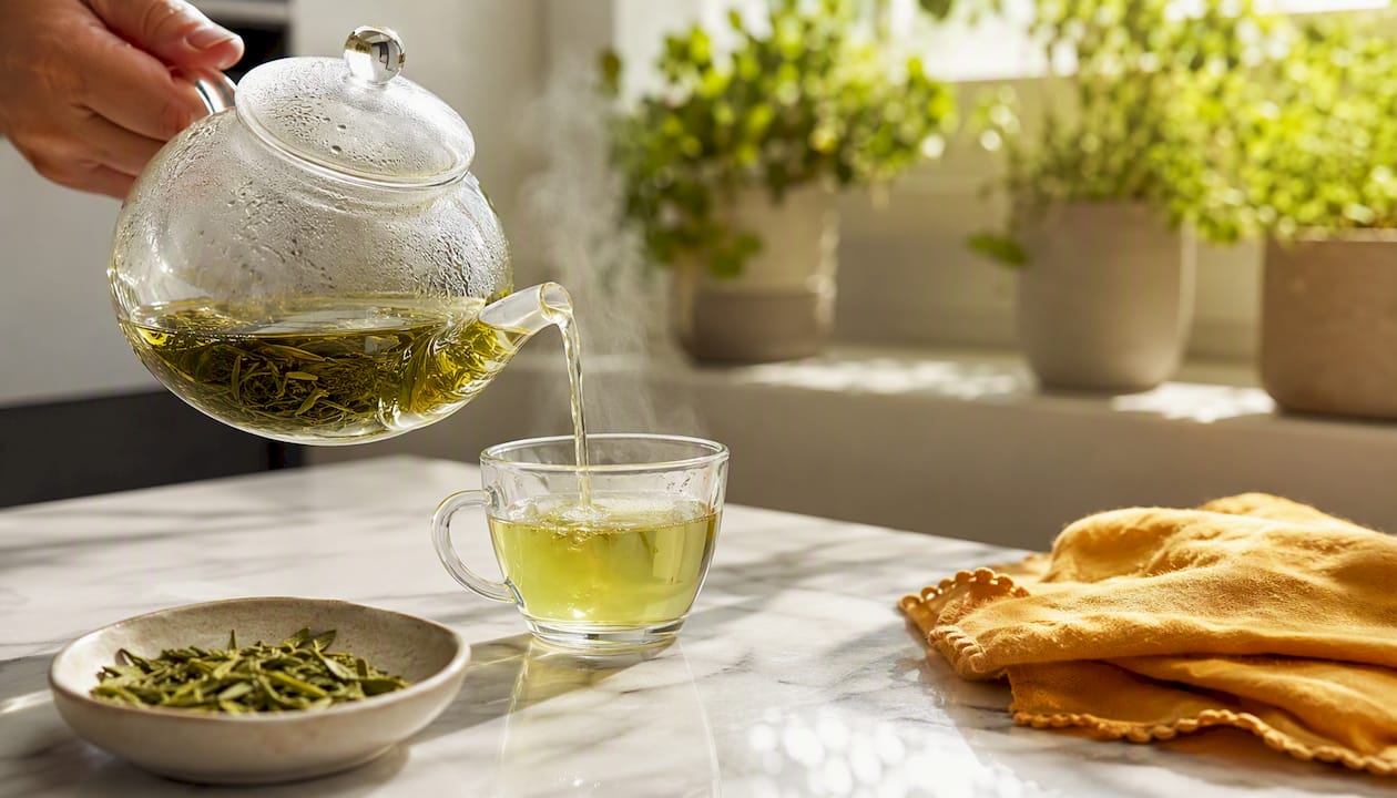 Pouring green tea rich in L-theanine