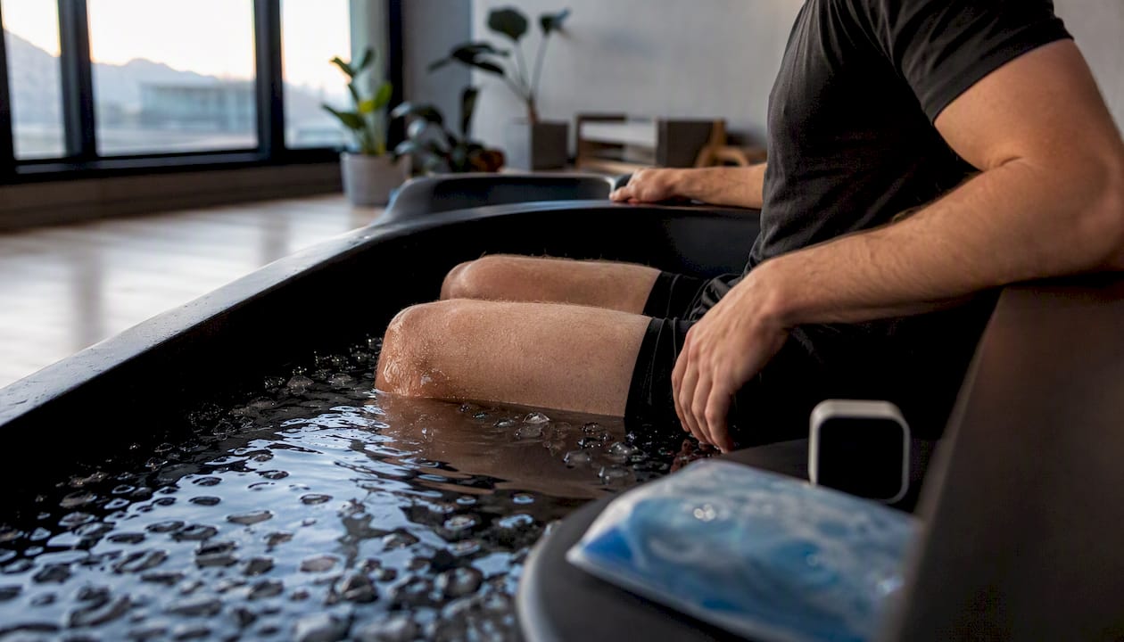 Athlete legs submerged in ice bath for recovery