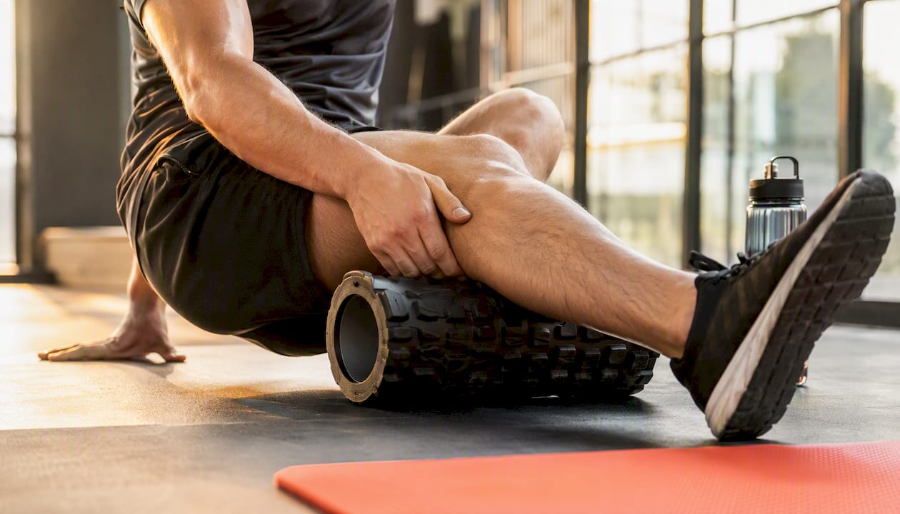Hands foam rolling athlete's thigh muscle