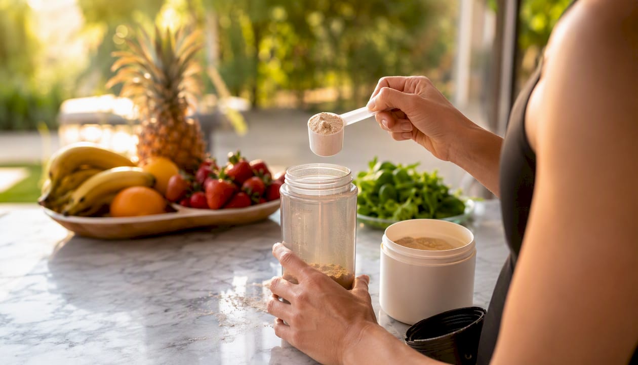 Hands measuring supplement powder into bottle