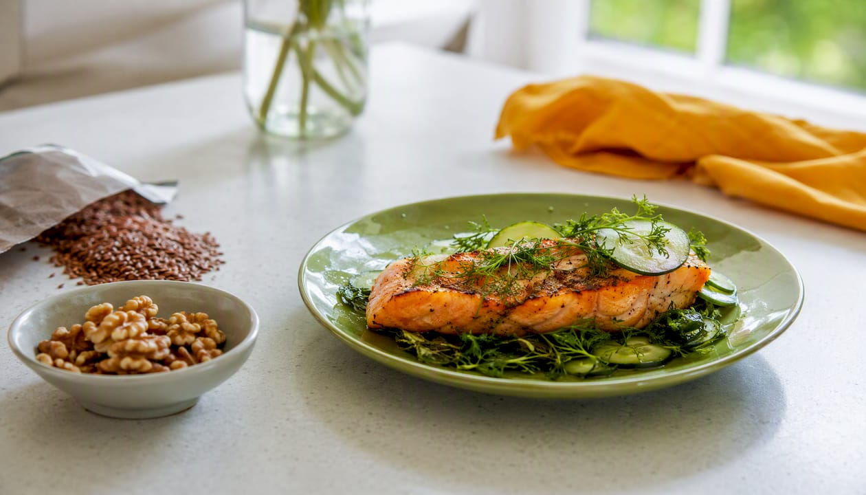 Grilled salmon plate with walnuts on kitchen counter