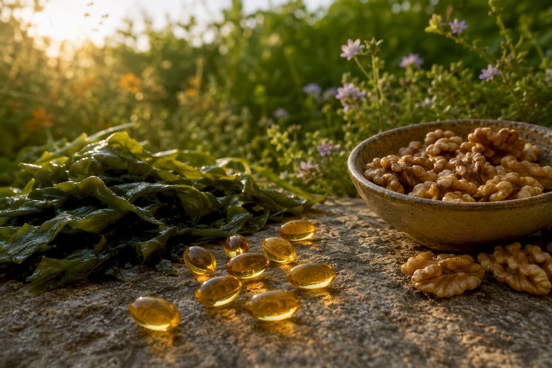 Algae oil capsules with seaweed and walnuts