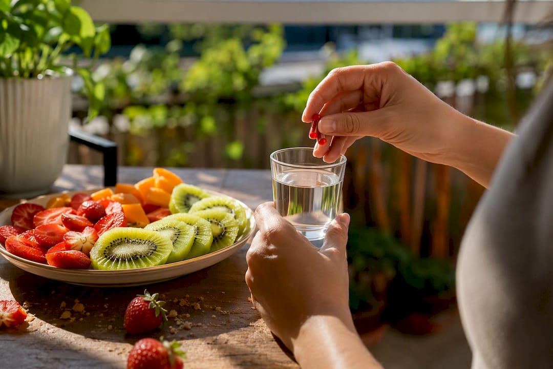 Hand holding vitamin B12 capsules over glass