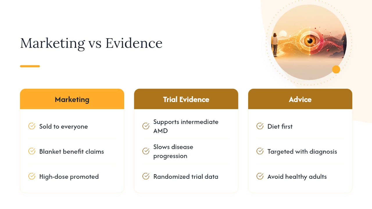 The Gap Between What Eye Supplements Promise and What They Deliver — overview diagram