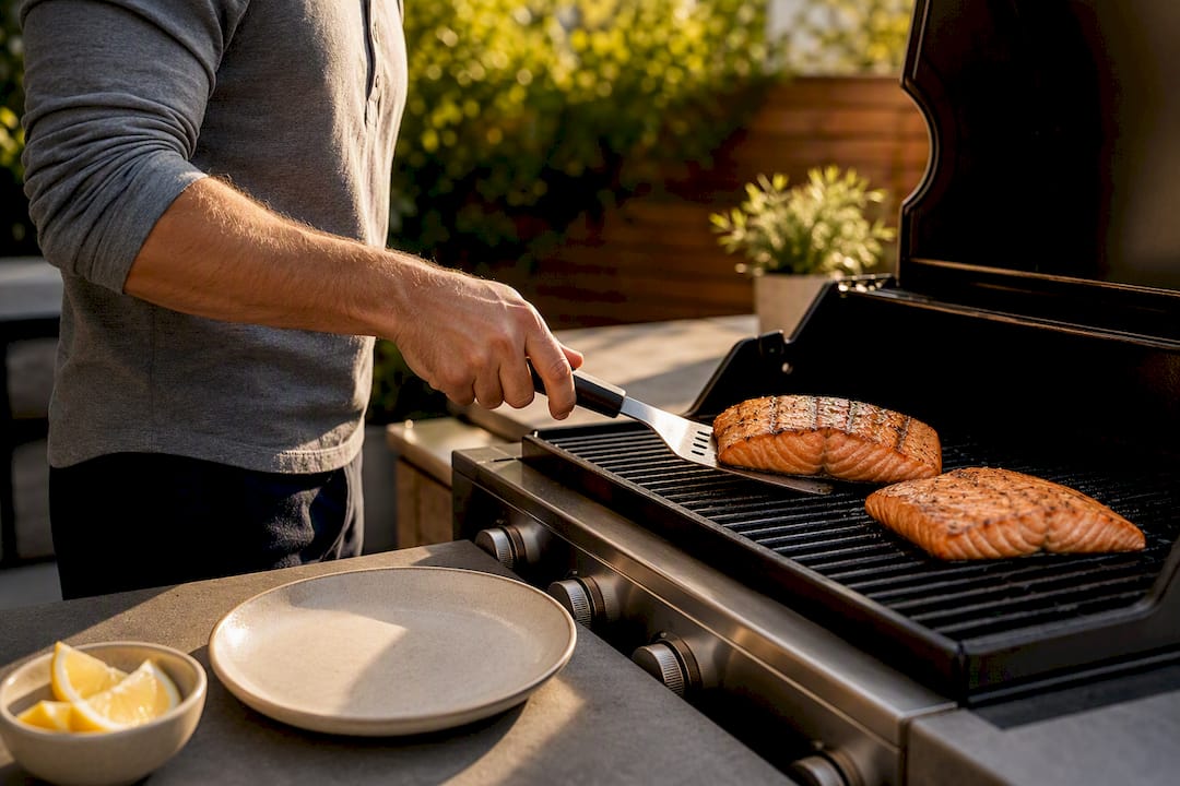 Salmon fillet being grilled outdoors