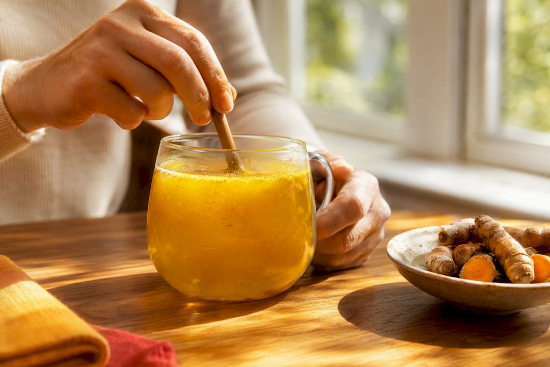 Hands stirring turmeric into a warm drink