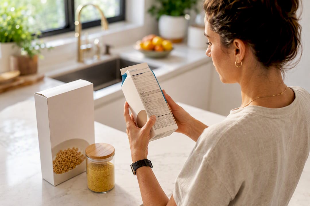 Shopper checking B12 on fortified food label