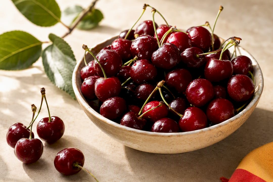 Montmorency tart cherries in ceramic bowl