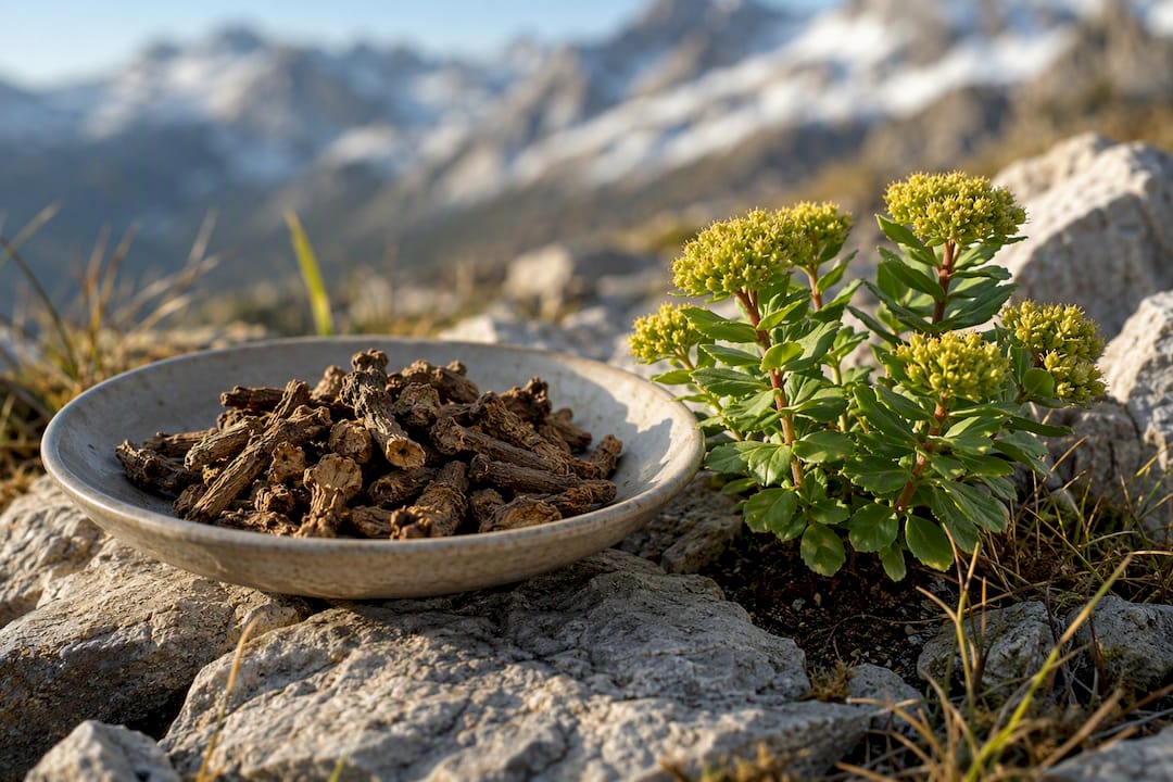 Rhodiola root beside alpine plant
