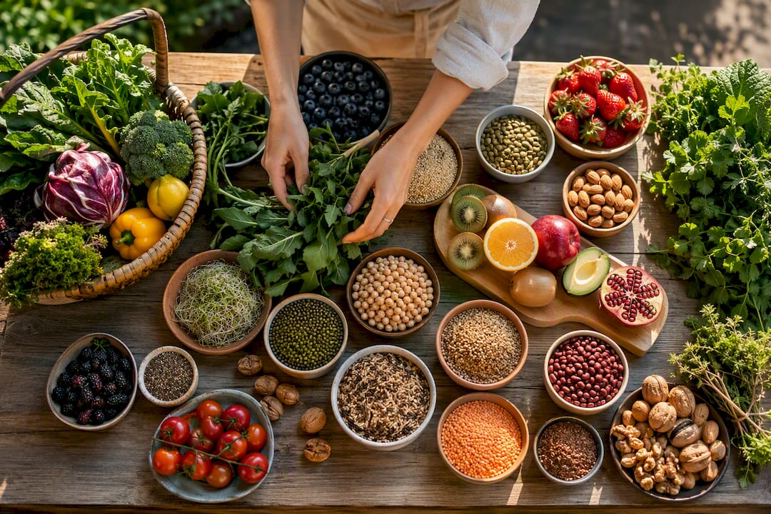 Varied plant foods arranged for gut health