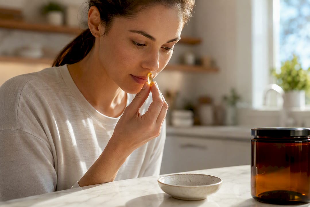 Person checking fish oil capsule freshness