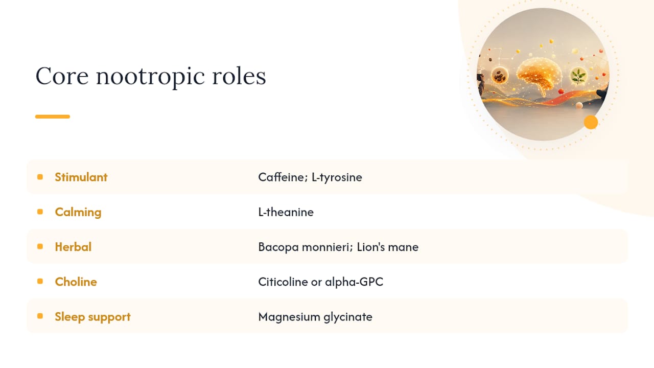 Seven beginner nootropic ingredients grouped by role