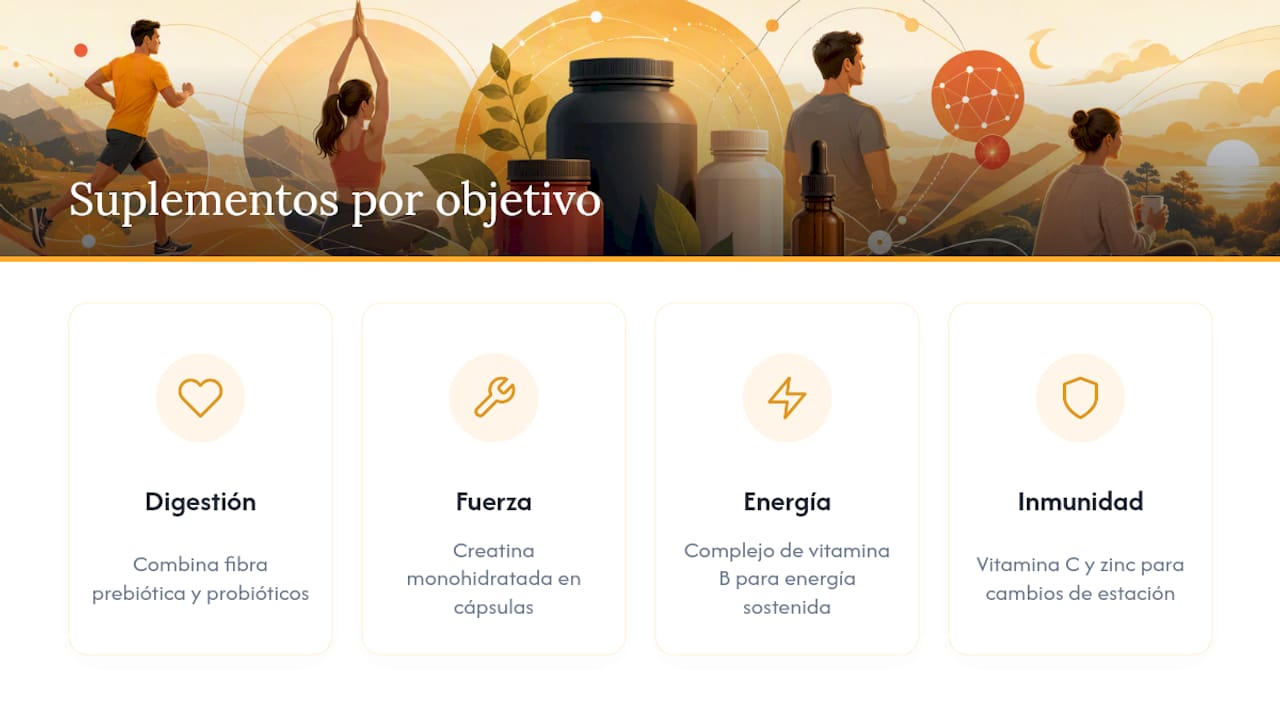 Apoyo práctico para tus hábitos: suplementos que complementan, no sustituyen — overview diagram