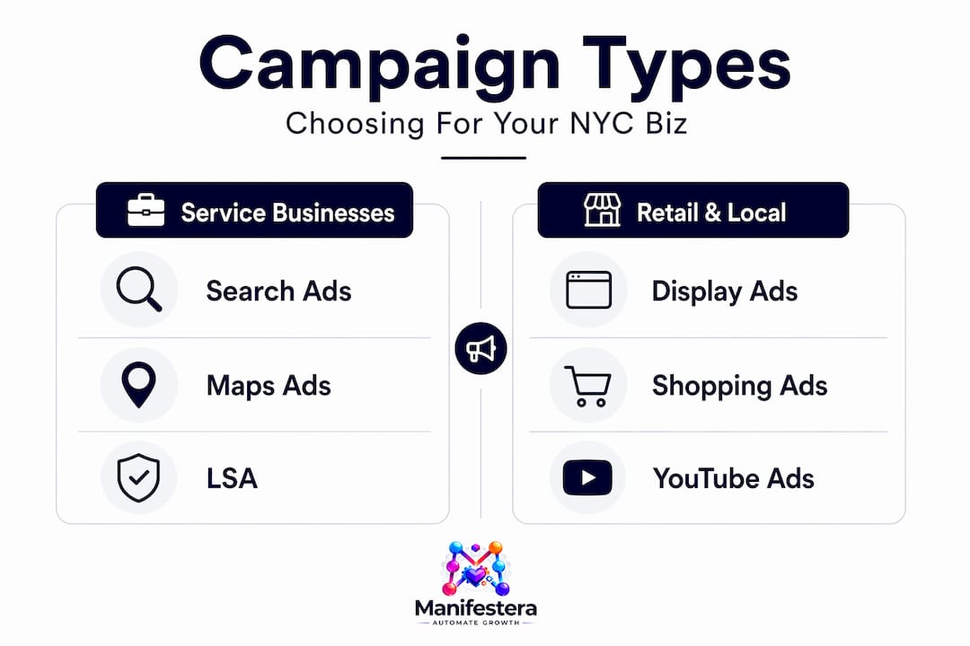 Infographic comparing Google Ads campaign types for NYC small businesses