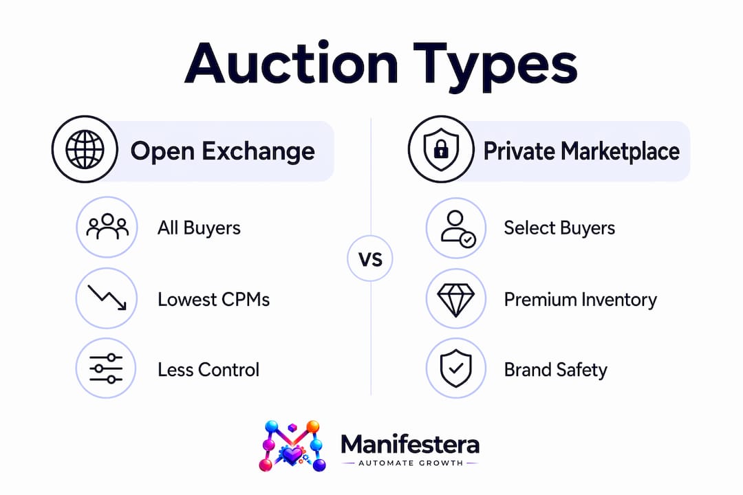 Infographic comparing programmatic auction types open exchange and private marketplace