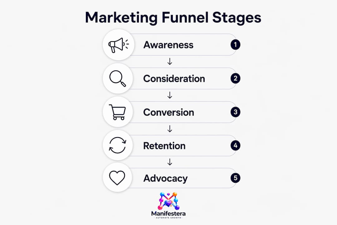 Infographic illustrating key marketing funnel stages in flow format