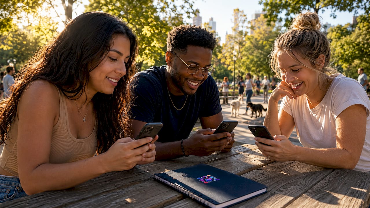NYC consumers checking business reviews outdoors