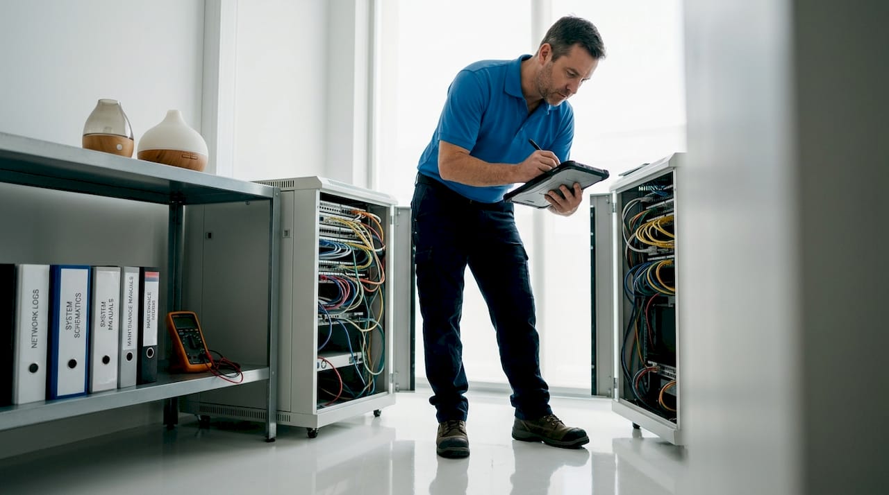 Maintenance technician updating system on tablet