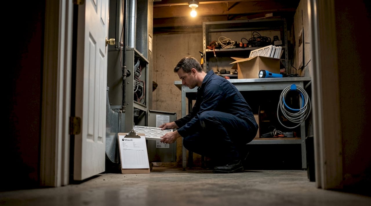 Maintenance technician replaces HVAC filter in service area