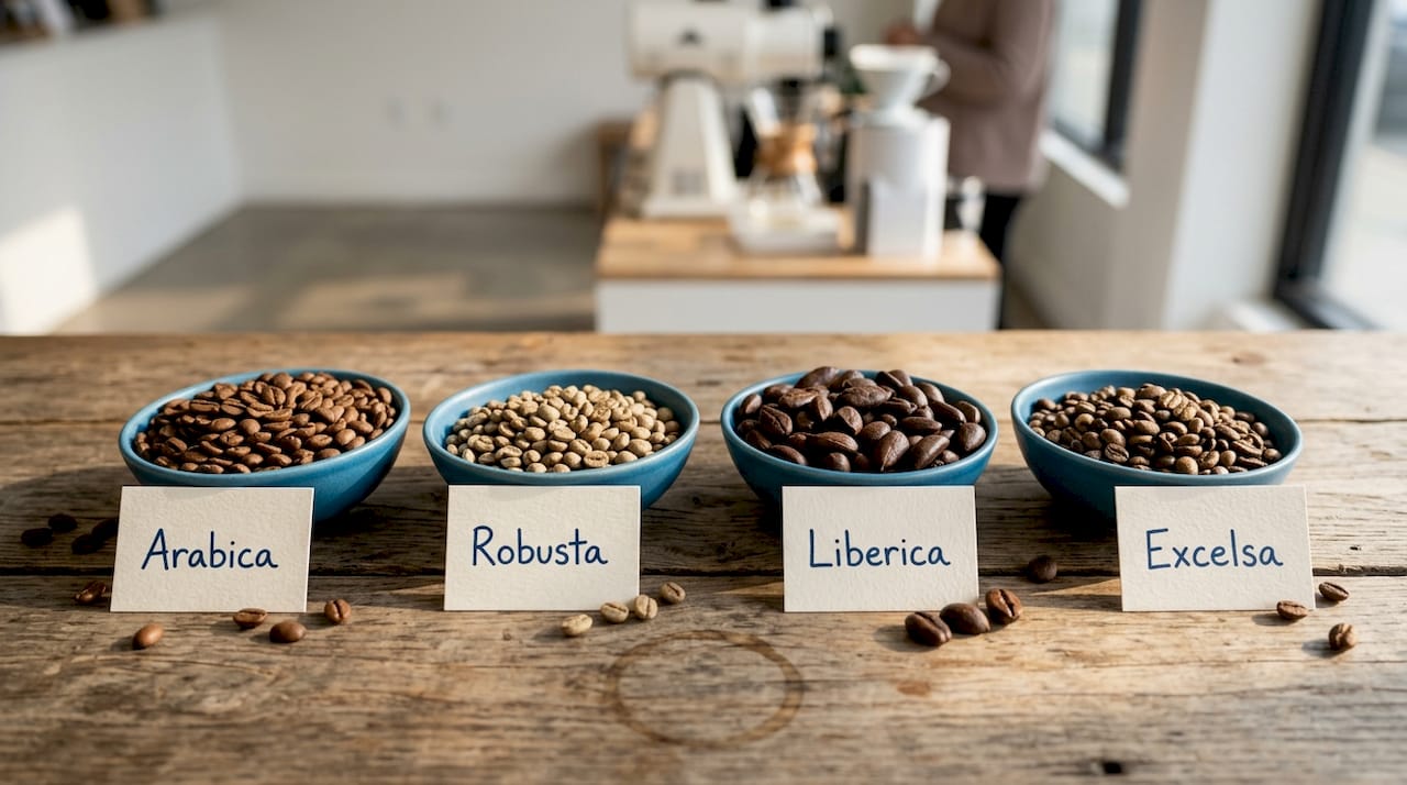 Four coffee bean types on labeled bowls