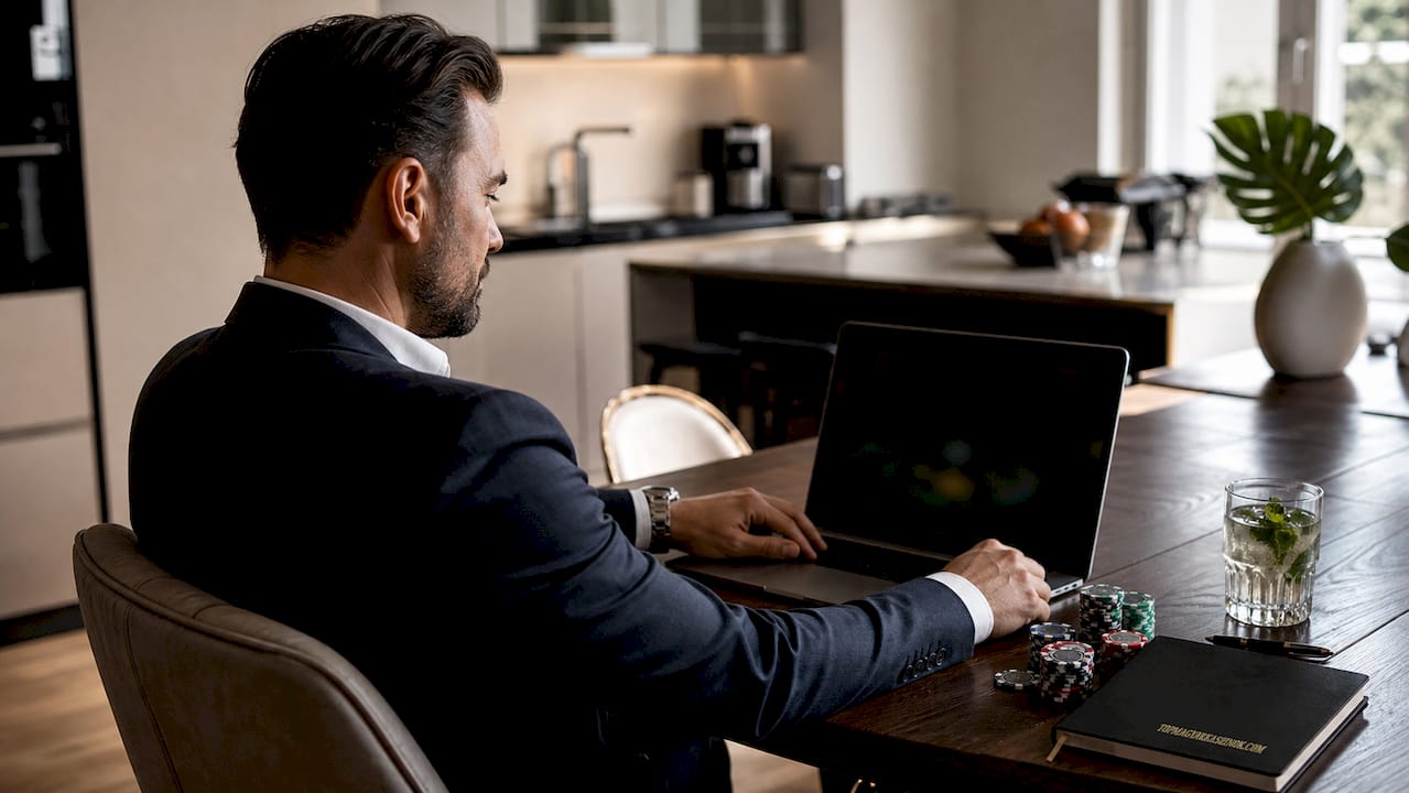 Egy férfi élő kaszinó játékot játszik a laptopján.