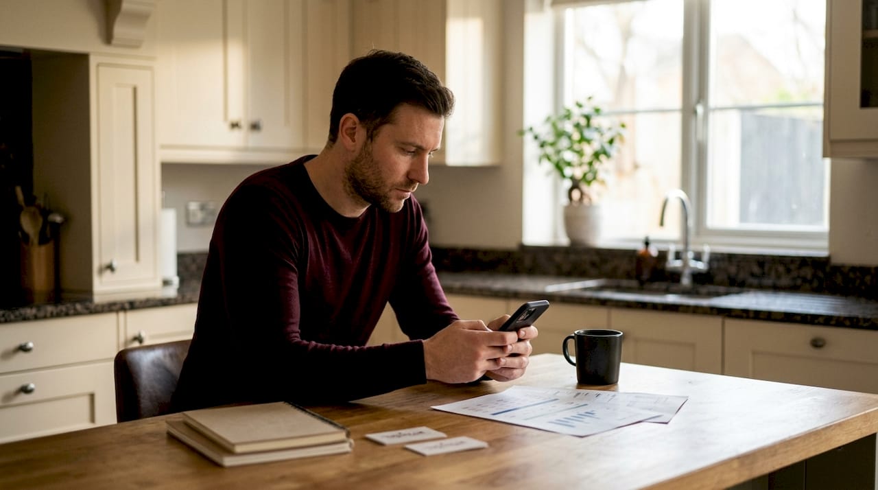 Egy férfi beállít egy befizetési limitet a mobiltelefonján.
