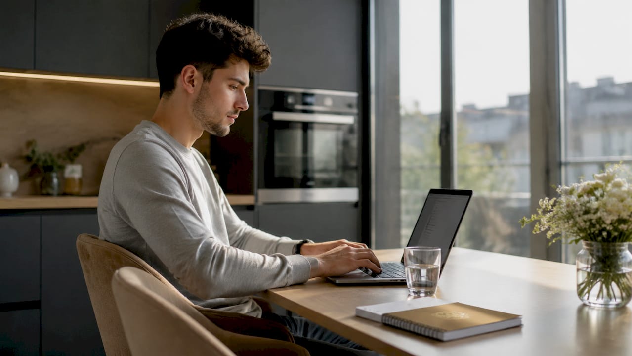 Egy fiatal férfi otthon ül a laptopja előtt, és éppen egy demó játékkal játszik.