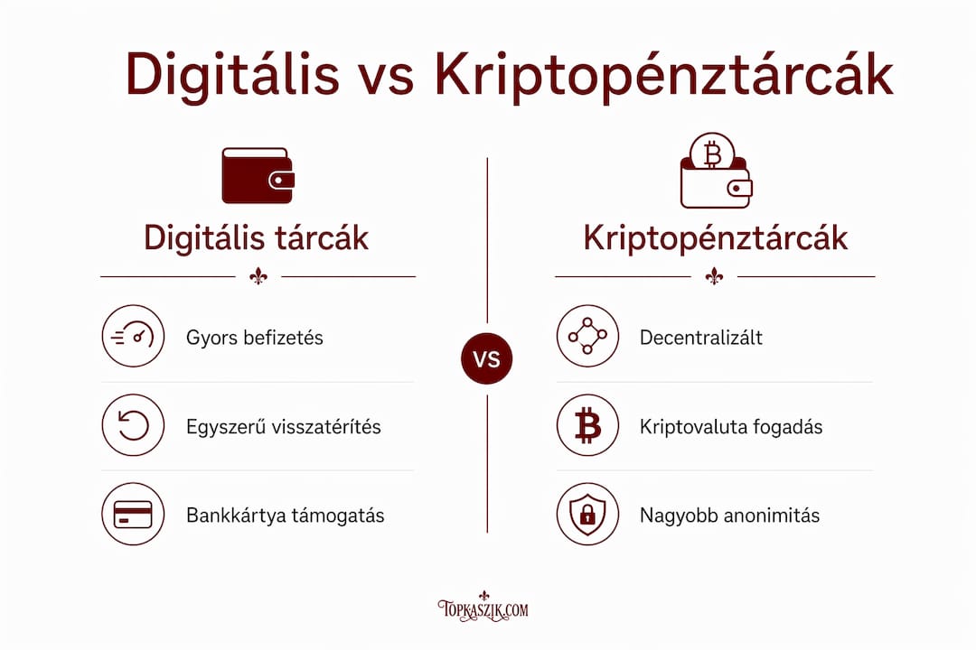 Áttekintő infografika a digitális és kriptopénztárcák főbb különbségeiről