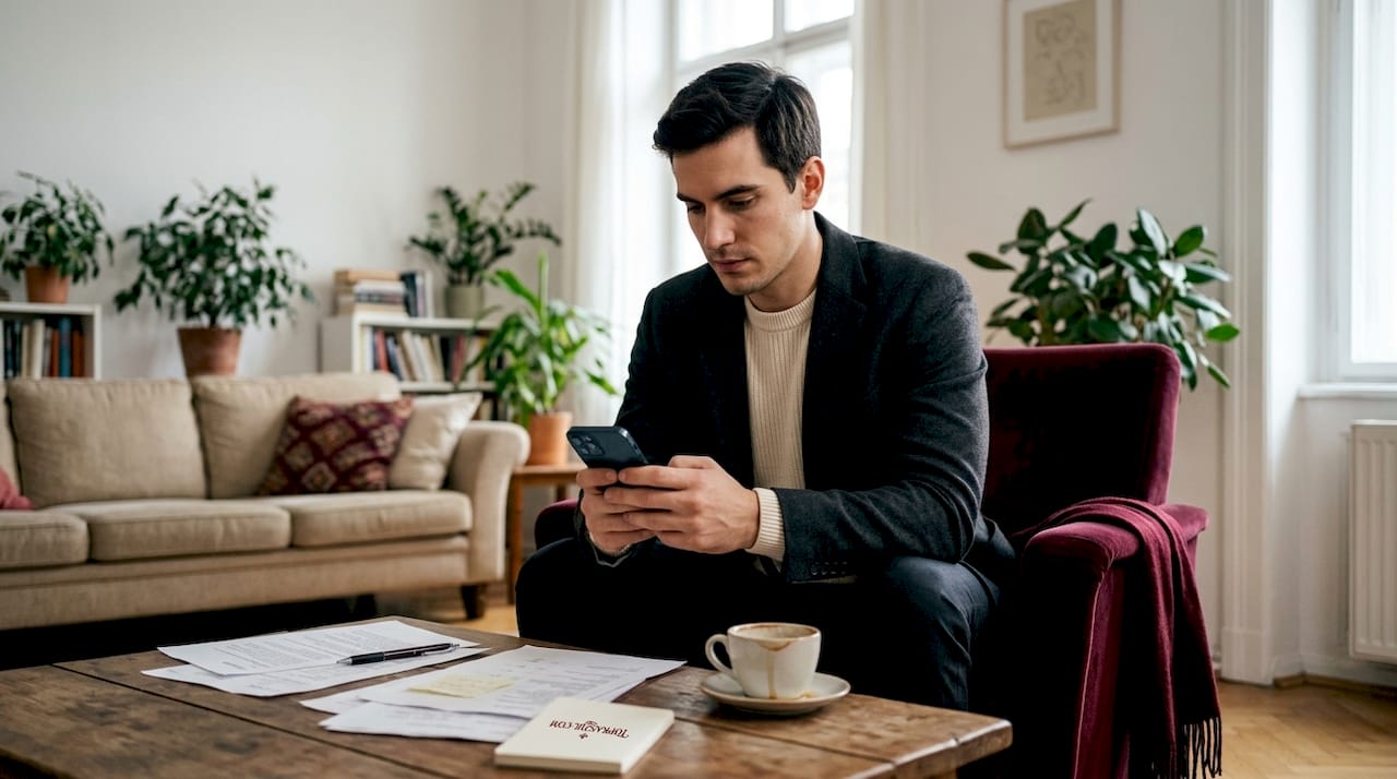 Egy felhasználó otthon, a kanapén ülve intézi digitális pénztárcáját a mobilján.