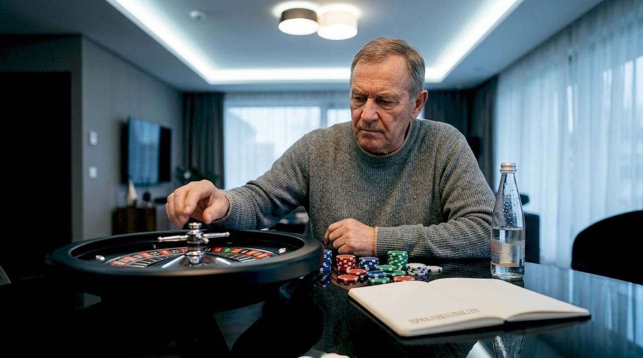 Egy férfi otthon, a saját asztalánál rulettet játszik.