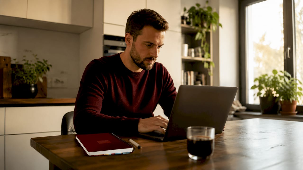 Egy férfi otthoni dolgozószobájában ül, és éppen sportfogadási lehetőségeket böngészik a laptopján.