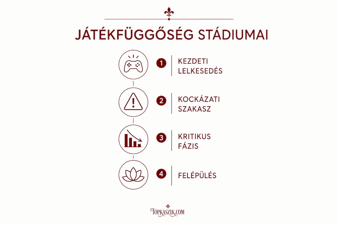 Játékfüggőség szakaszait bemutató magyar nyelvű infografika