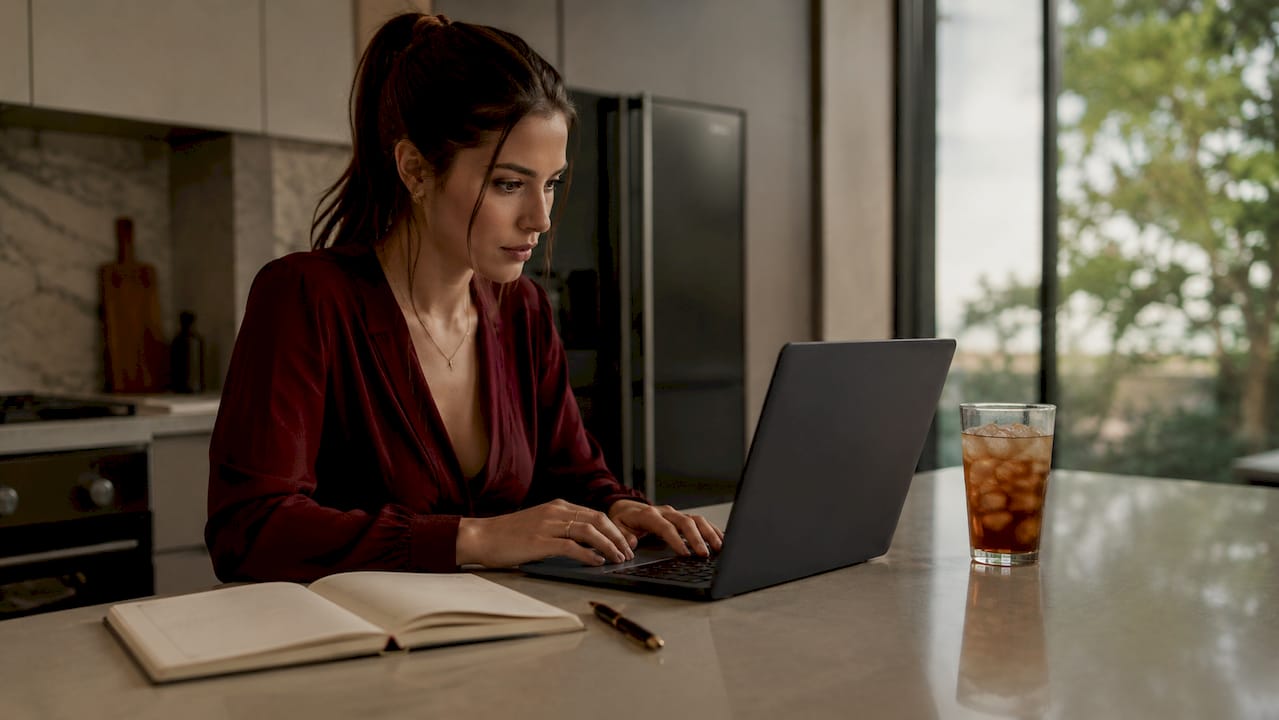 Egy nő otthon, az íróasztalánál regisztrál egy online fogadási oldalra.