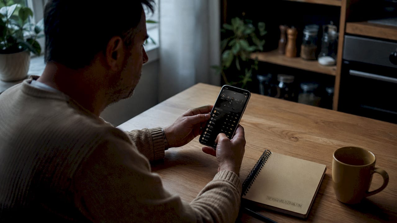 Egy férfi a mobiltelefonján játszik egy kaszinós versenyen.