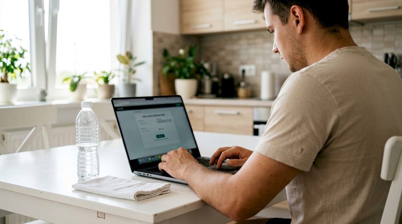 Egy férfi éppen igazoló dokumentumokat tölt fel a laptopján.