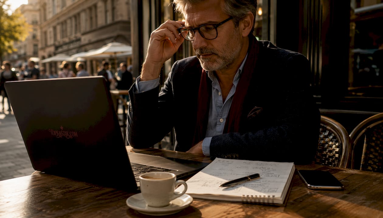 Egy férfi a laptopján keresgél különféle bónuszok között