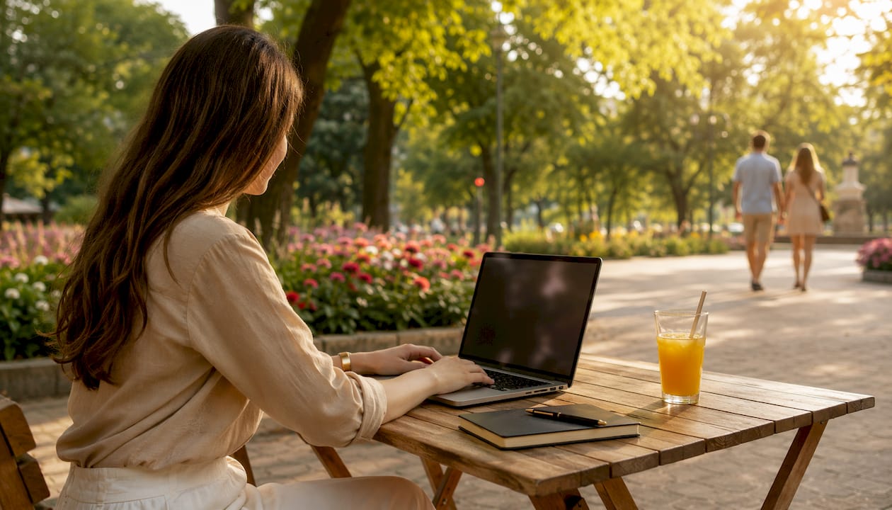 Egy nő a kávézó teraszán ülve a laptopján böngészi a licencek listáját.