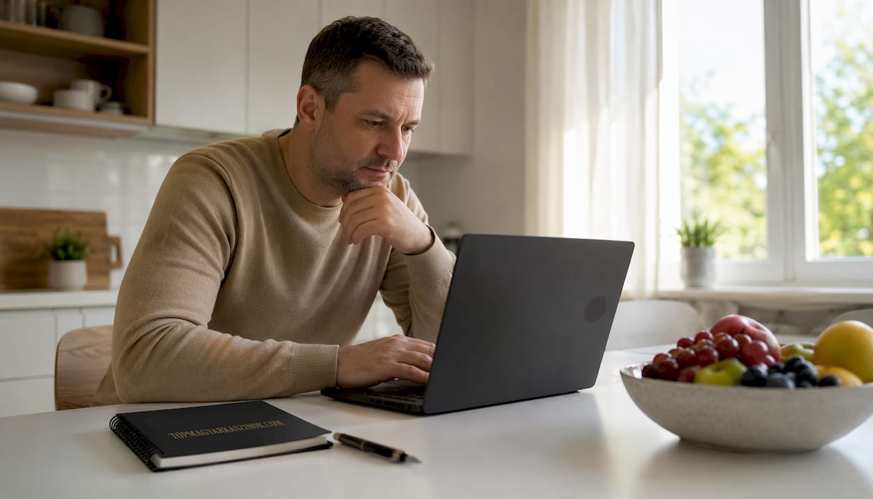 Egy férfi a laptopján keres információkat, mielőtt kaszinót választana.