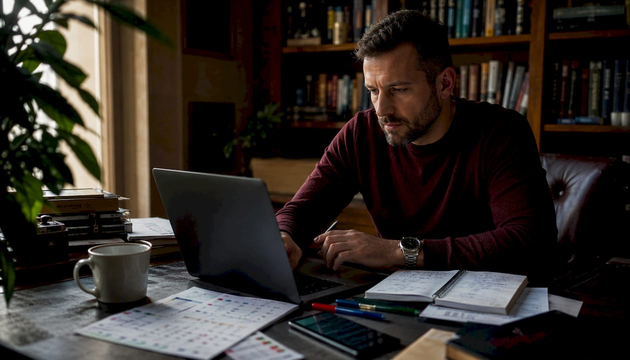 Egy férfi sportfogadási tippeket böngész a laptopján.
