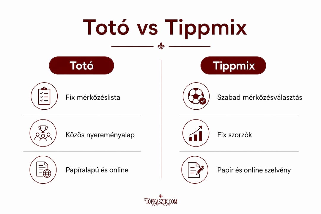 Összehasonlító infografika a Totó és a Tippmix főbb jellemzőiről