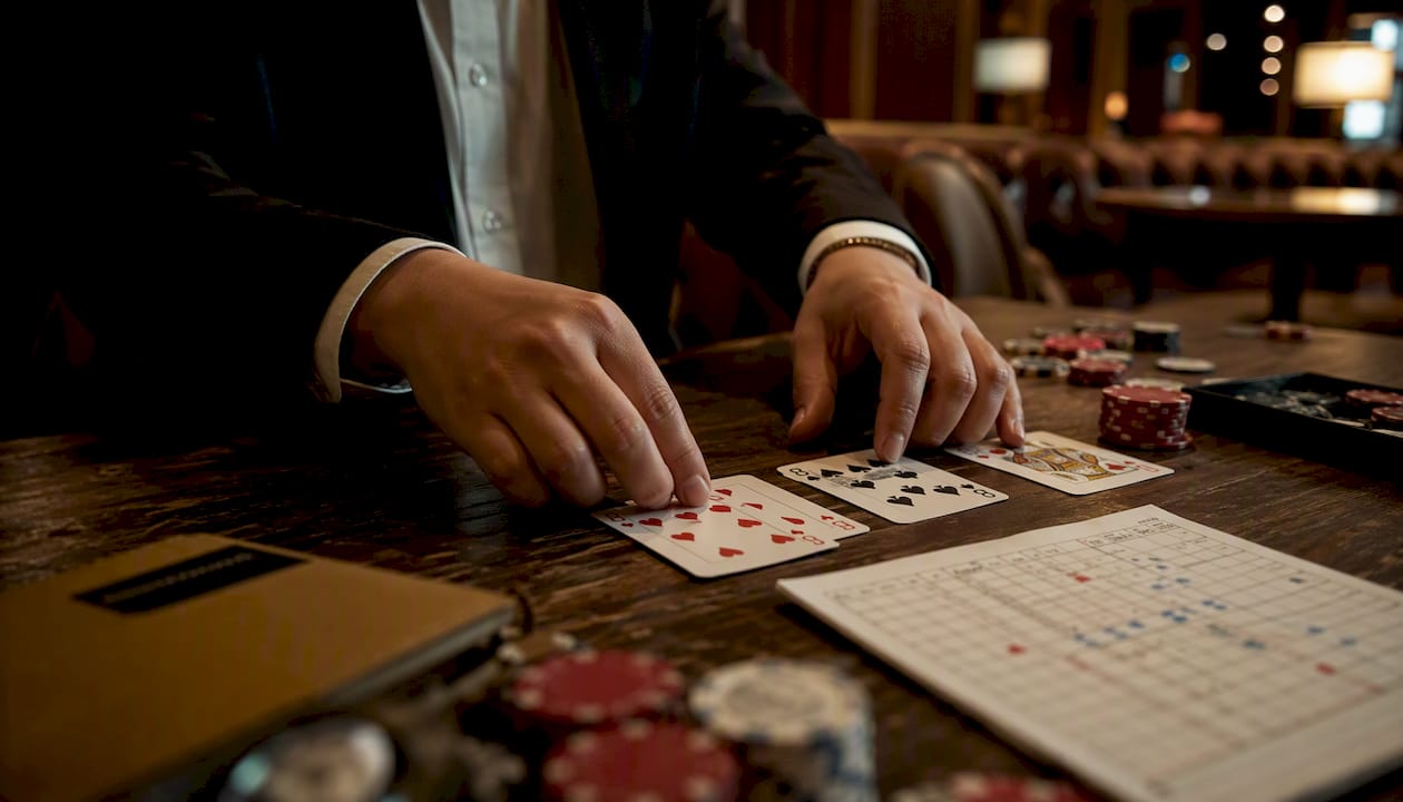 Egy játékos éppen baccarat kártyákat tart a kezében
