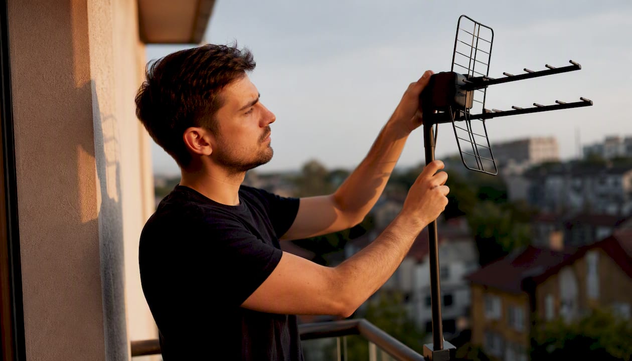 Valaki éppen beállítja a tetőn lévő digitális TV-antennát.