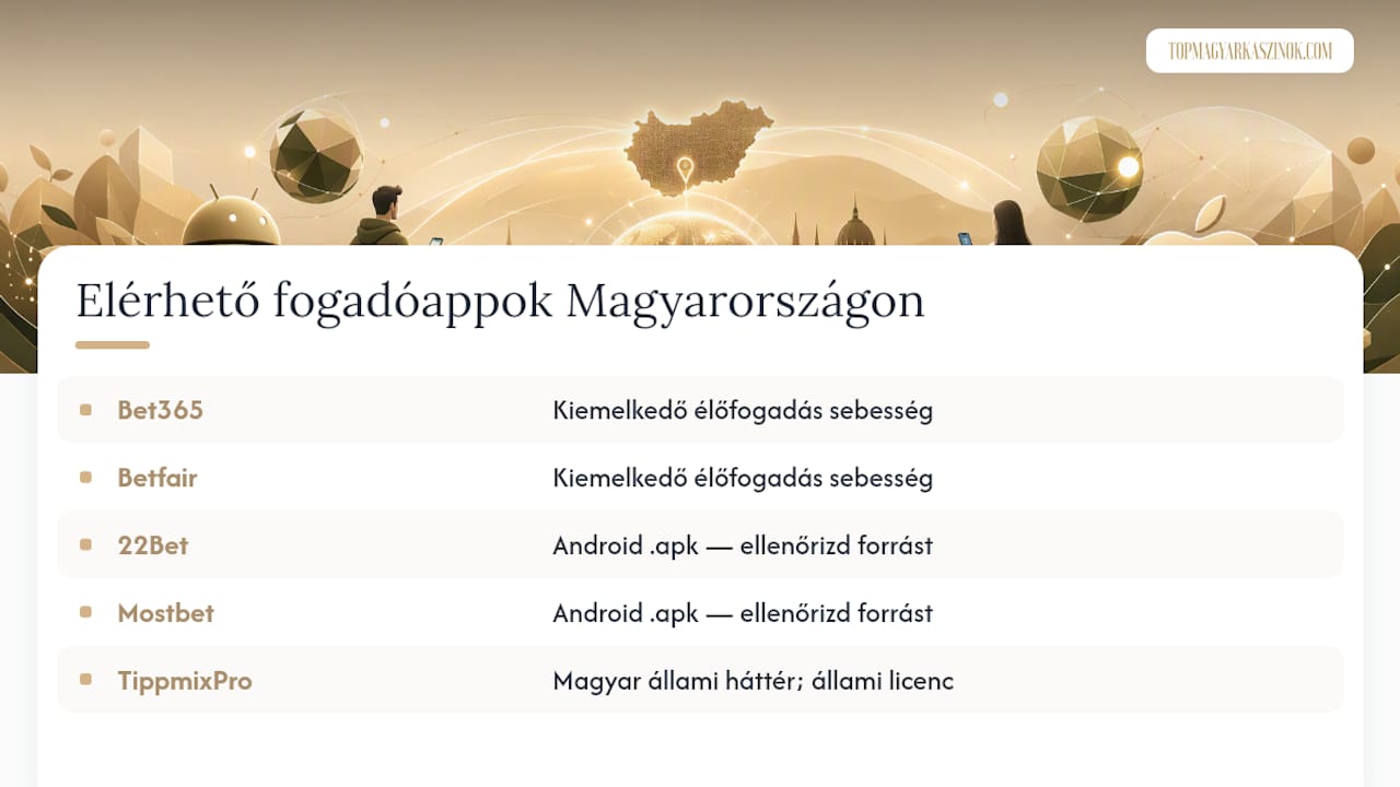 Áttekintő infografika: a legnépszerűbb magyar fogadási alkalmazások összehasonlítása Android és iOS platformokon