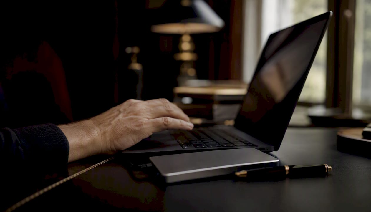 Egy laptop szélén dolgozó kéz éppen egy fogadási szoftvert ellenőriz.