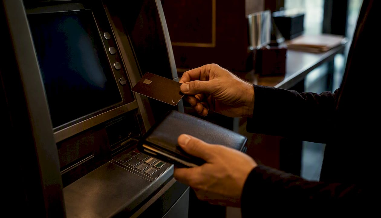 Egy bankfiókban az ügyfél éppen készpénzt vesz át az ügyintézőtől.
