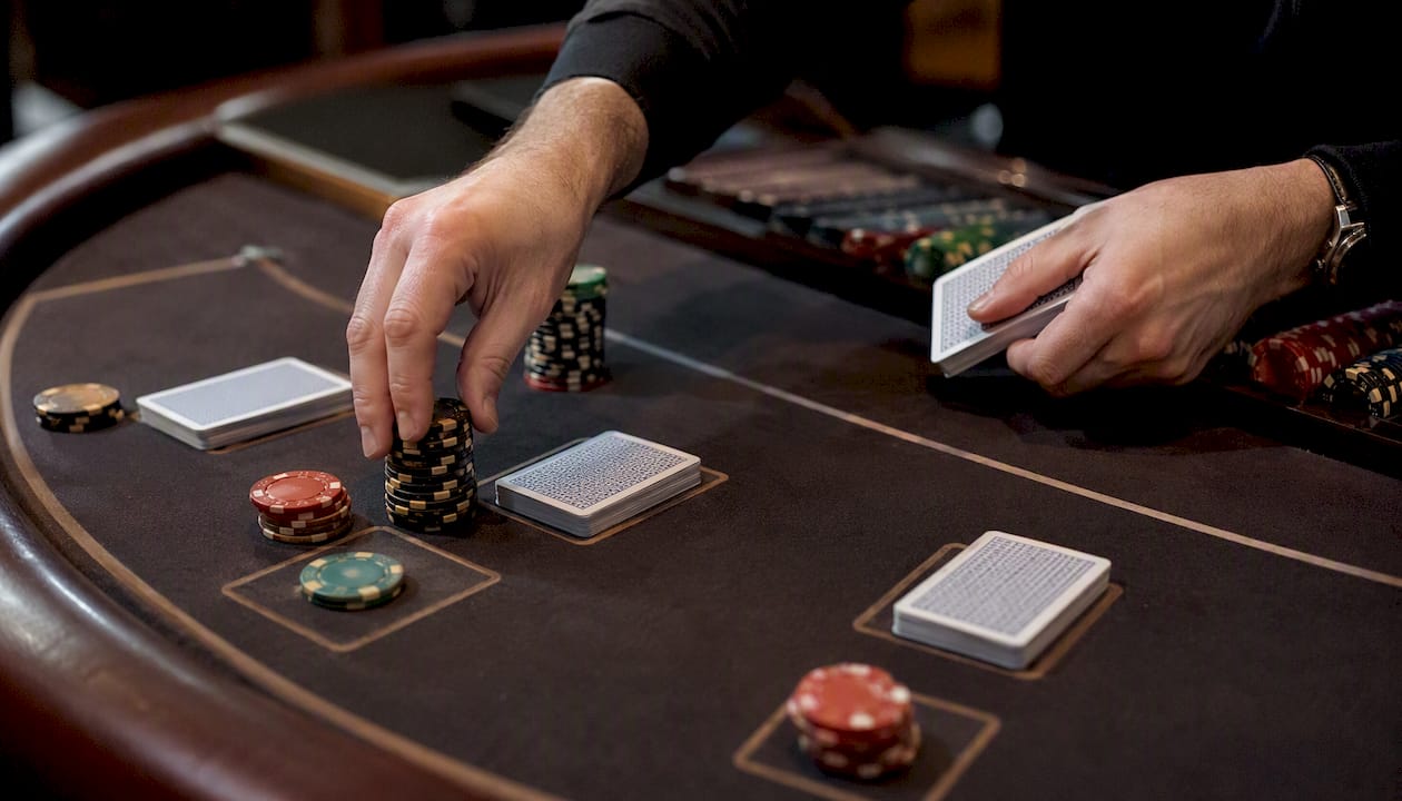 Egy osztó kezei épp több blackjack asztalon osztanak lapokat és helyeznek zsetonokat a tétekhez.