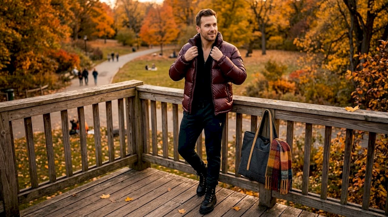 Man layering streetwear bodysuit look in park