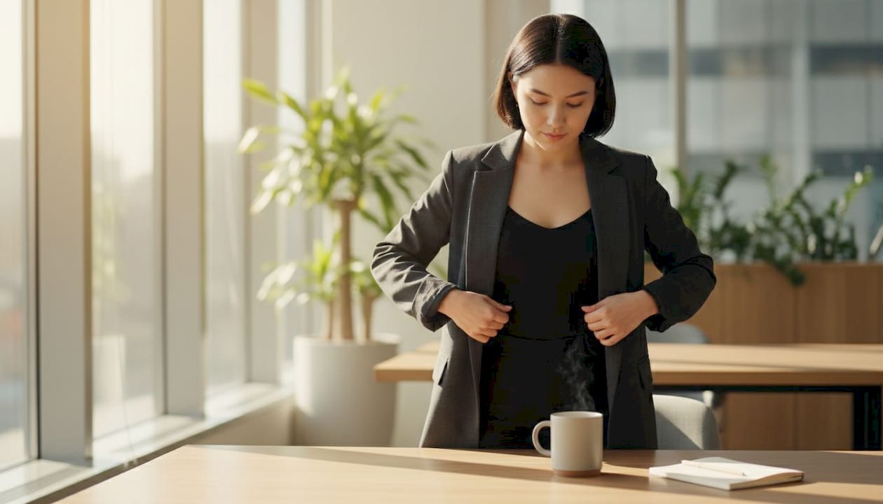 Professional layering bodysuit with blazer at desk