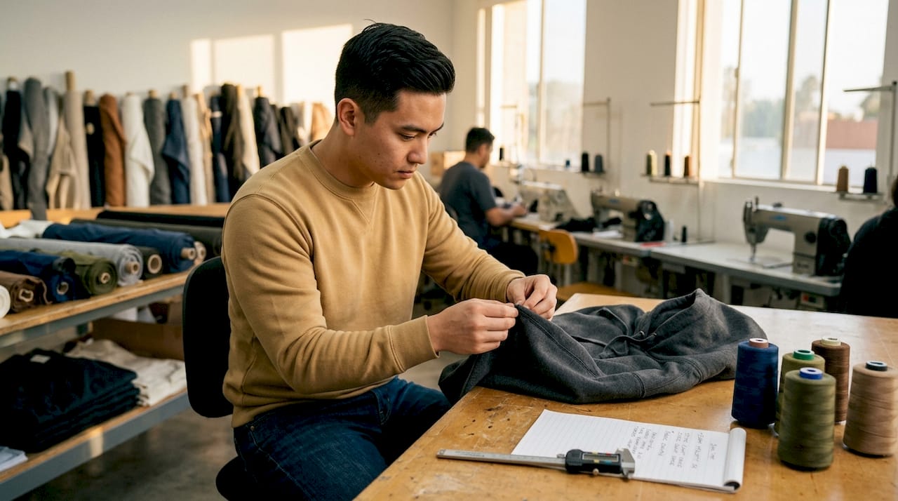 Inspector examining luxury hoodie seam integrity