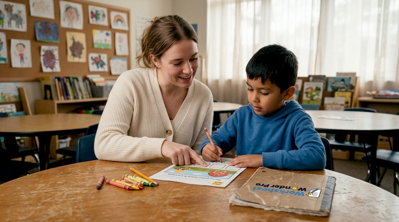 Assistant helps student with special needs worksheet
